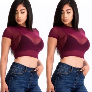 BURGUNDY SHORT SLEEVE SHEER MESH CROPPED TOP SHIRT SEE-THROUGH